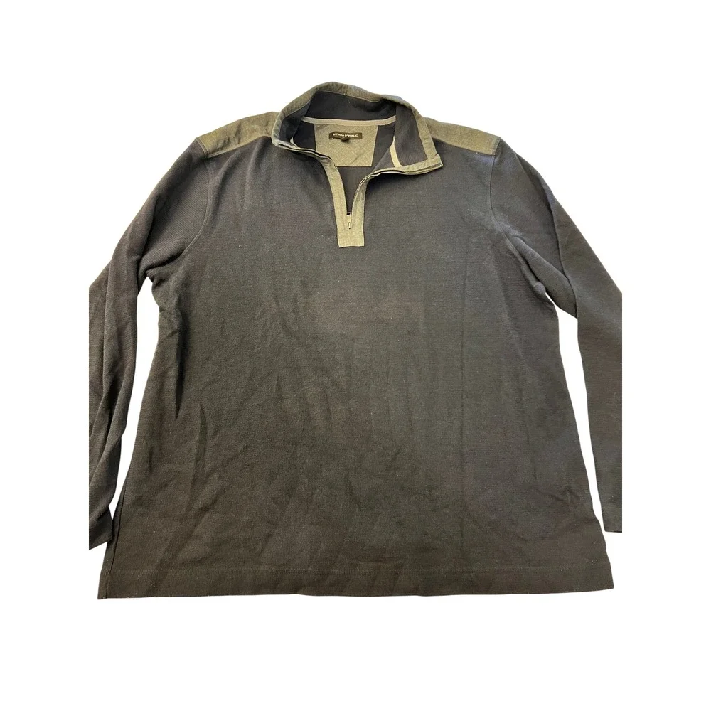 Banana Republic Mens XXL Quarter Zip Pullover Gray Olive Contrast Shoulder Patch